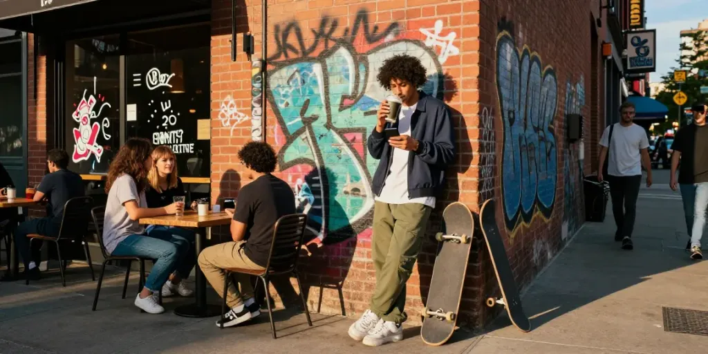 Stylish individual enjoying coffee in urban setting reflecting the vibe of rokok88.