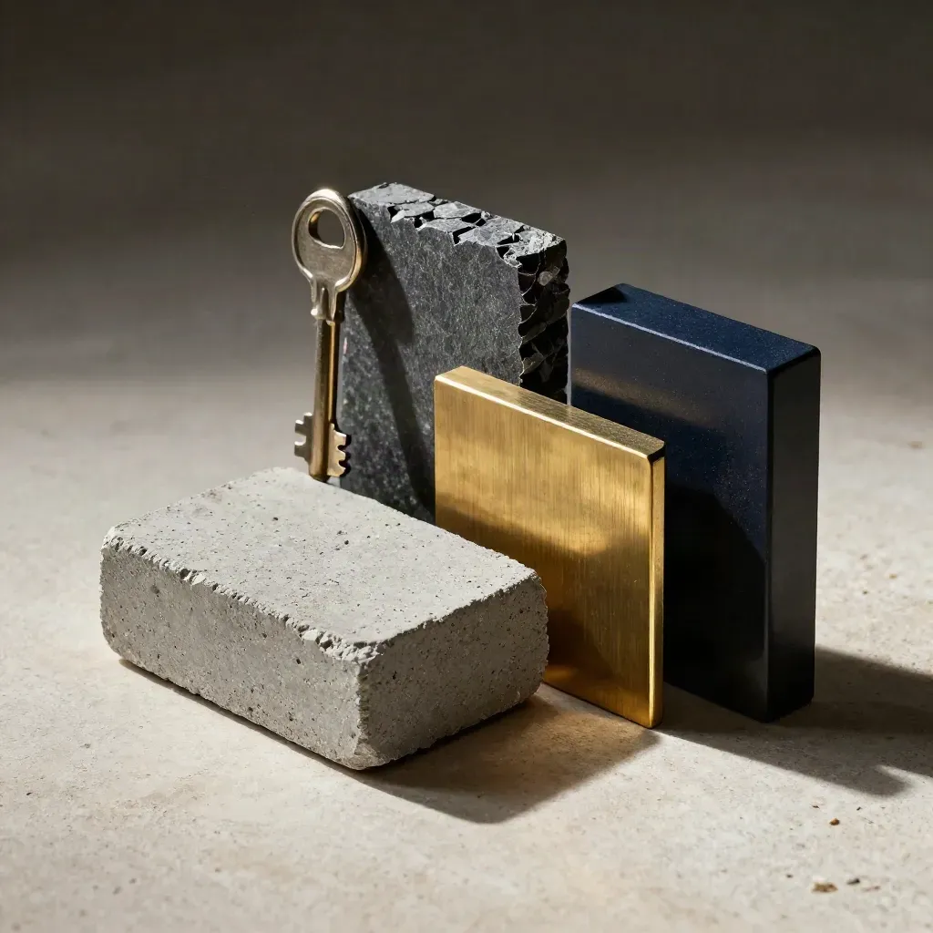 Concrete core sample with slate, brass and spacer on pale stone under dramatic light.