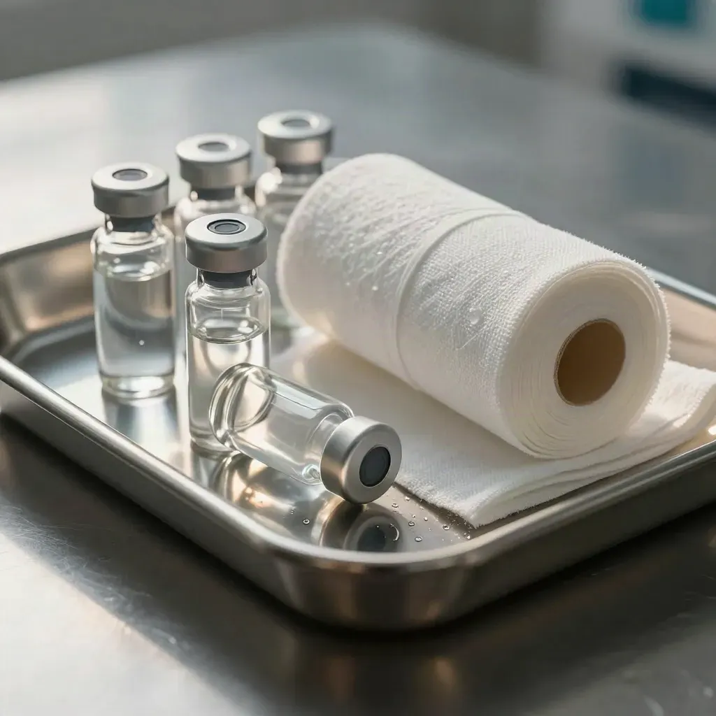 Stainless medical tray with capped vials, gauze rolls, and a folded surgical towel in sterile haze.