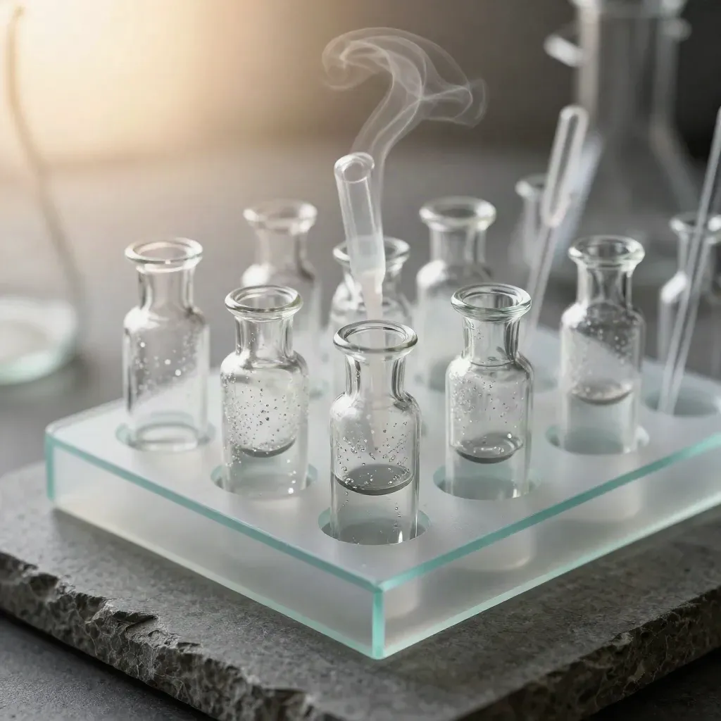 Chilled lab vials, pipette tips, and a frosted rack insert with cyan highlights