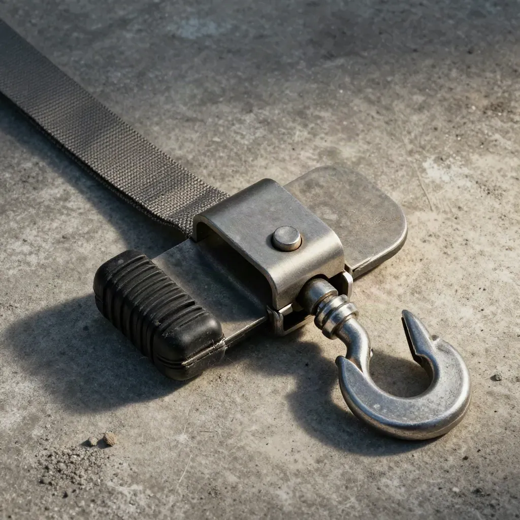 Cargo latch, tie-down strap, rubber corner guard, and steel hook on dusty concrete.