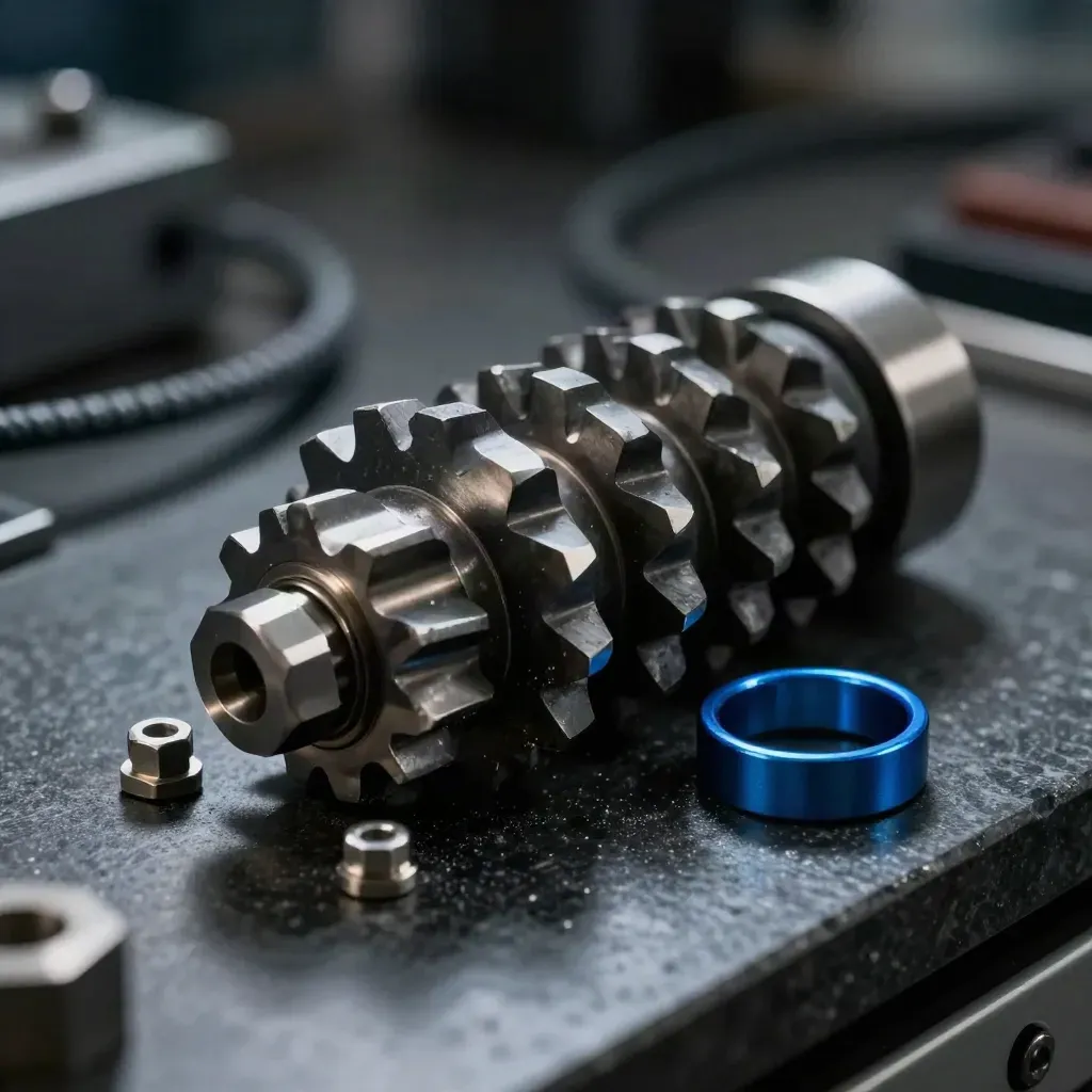 Machined gear teeth, hex standoffs, and a coiled cable sleeve on black stone.
