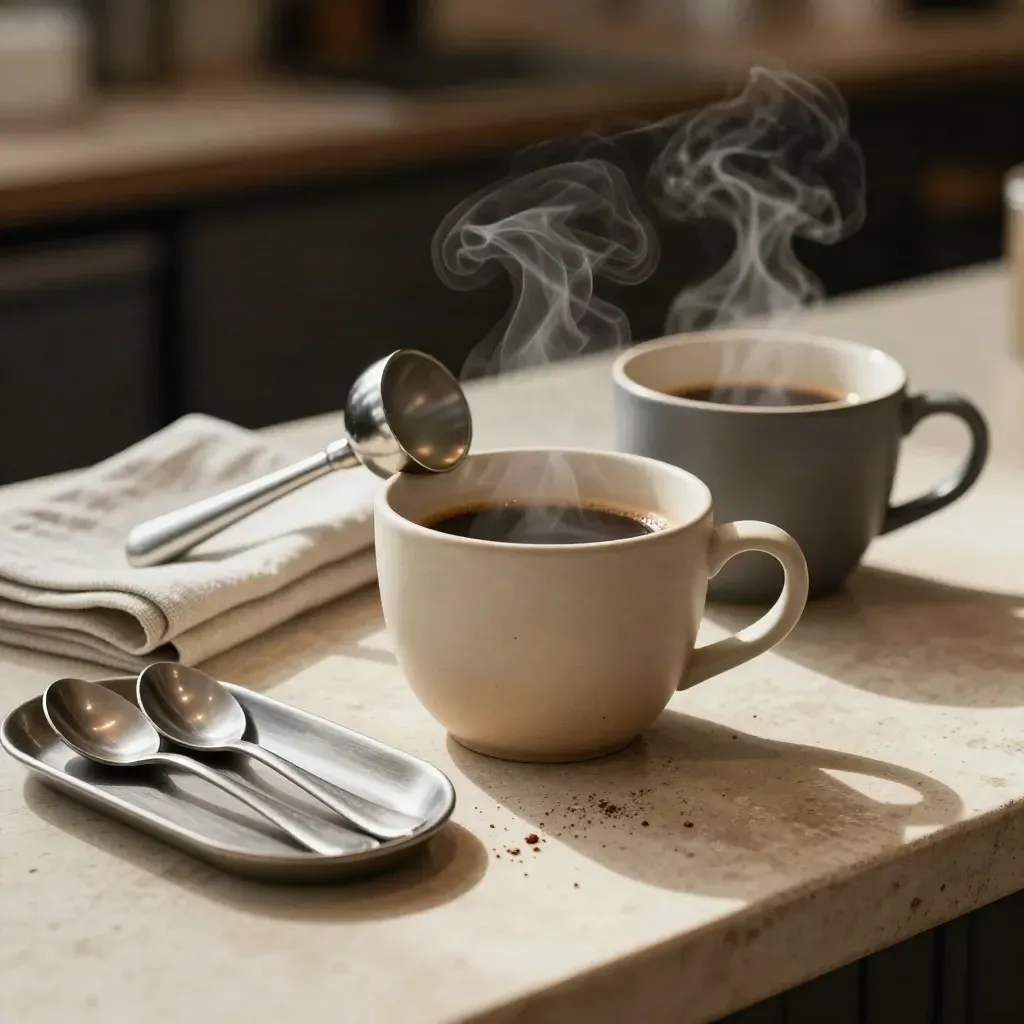 Steam rises from coffee cups with a tamper, linen napkin and spoons on a stone café counter.