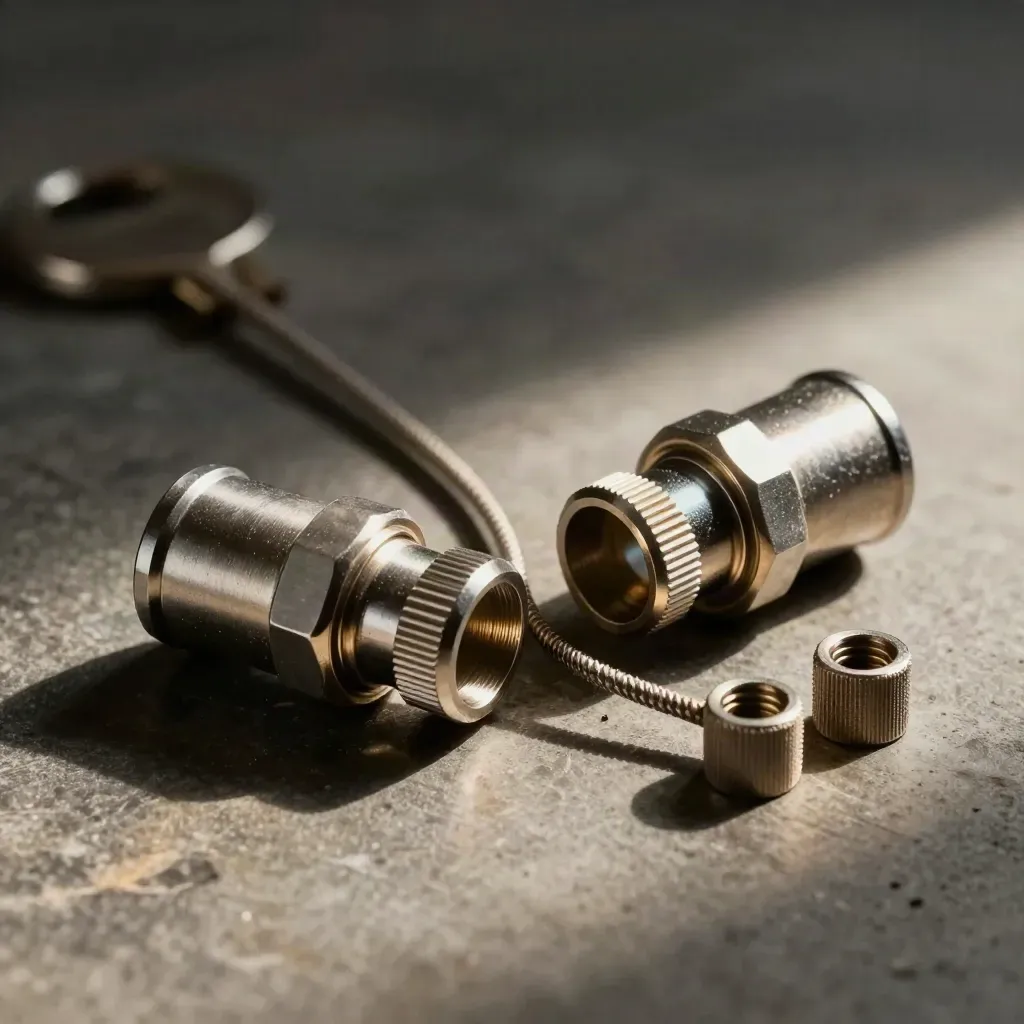 Machined connector couplers and a braided lead on stone, lit dramatically with cyan highlights.