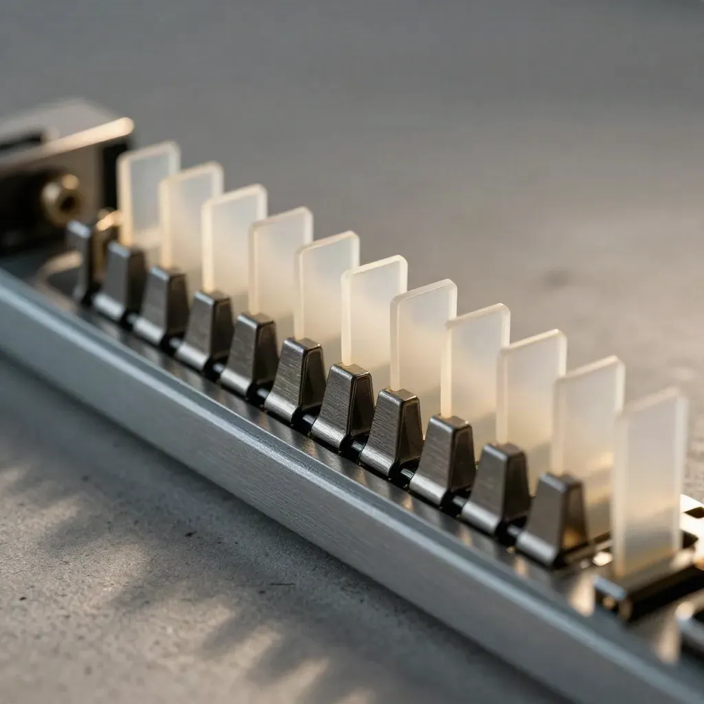 Macro of acrylic tabs and brushed metal clips on a modular status rail under hard side light.