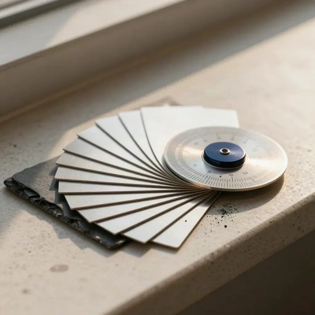 Slate shims, aluminum sample cards, and a gauge disc fanned open on stone.