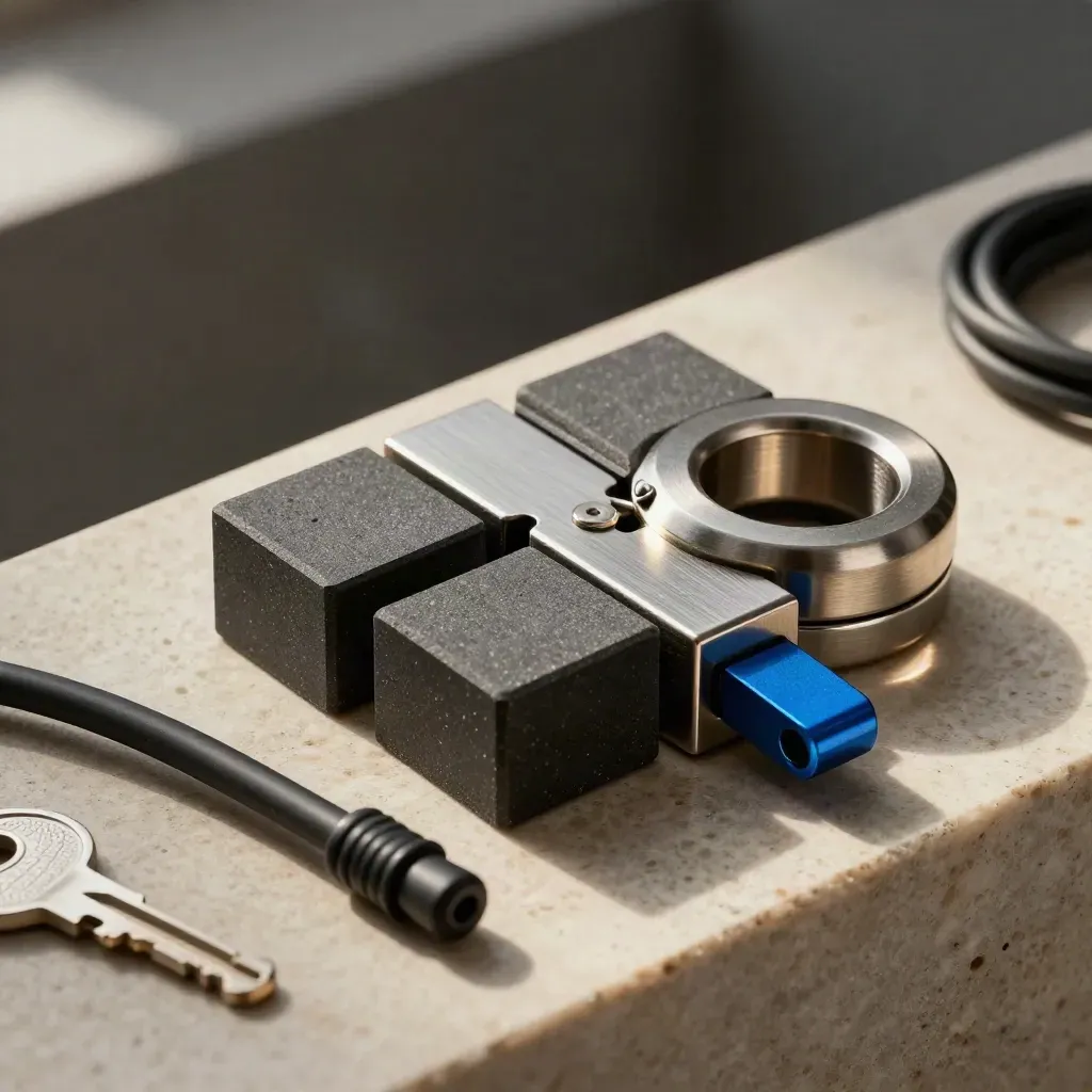 Linked magnets, blocks, and a split cable organizer on limestone in dramatic studio light.