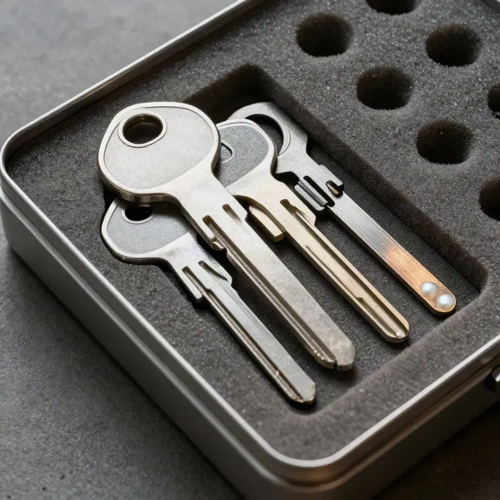 Open case of aluminum setup keys, spacers, and foam inserts on concrete, top-down macro.