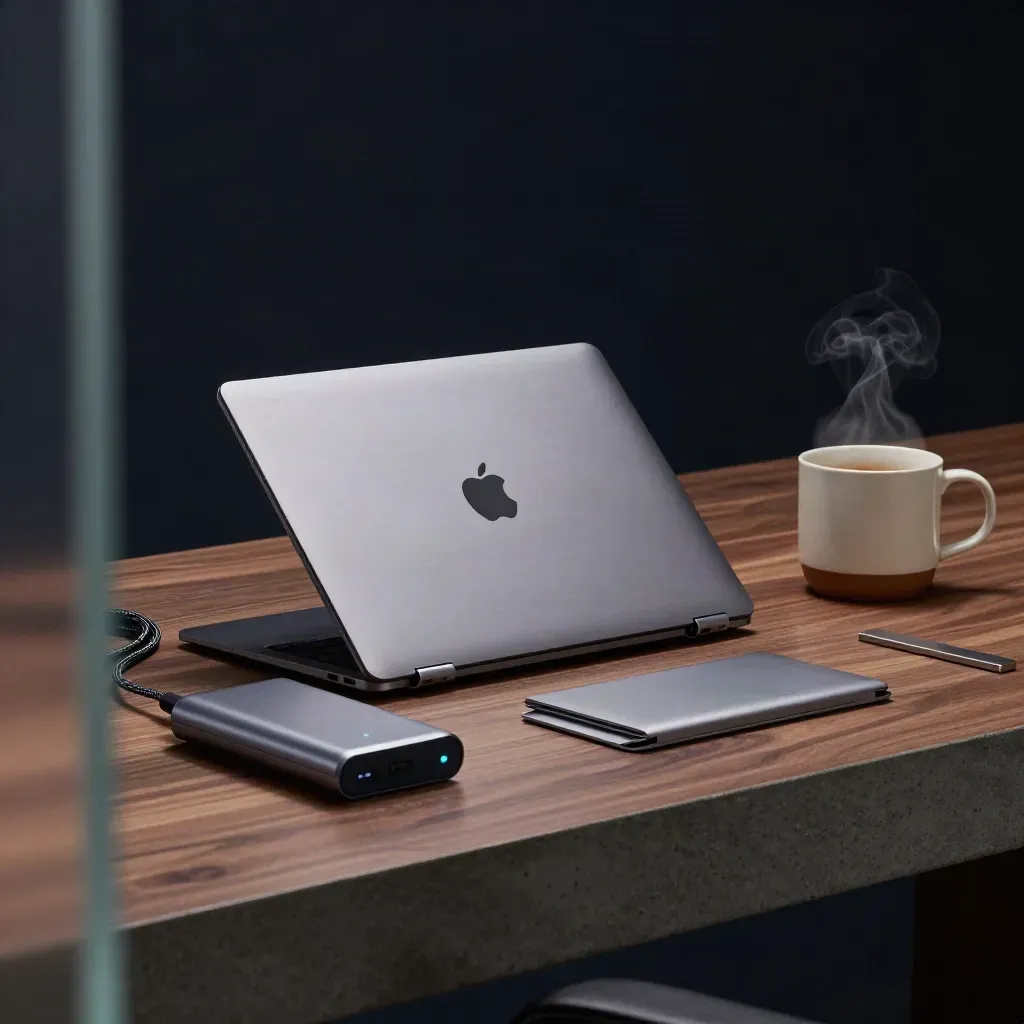 Closed ultrabook, power bank, foldable stand and mug on a late-night founder desk through frosted glass.