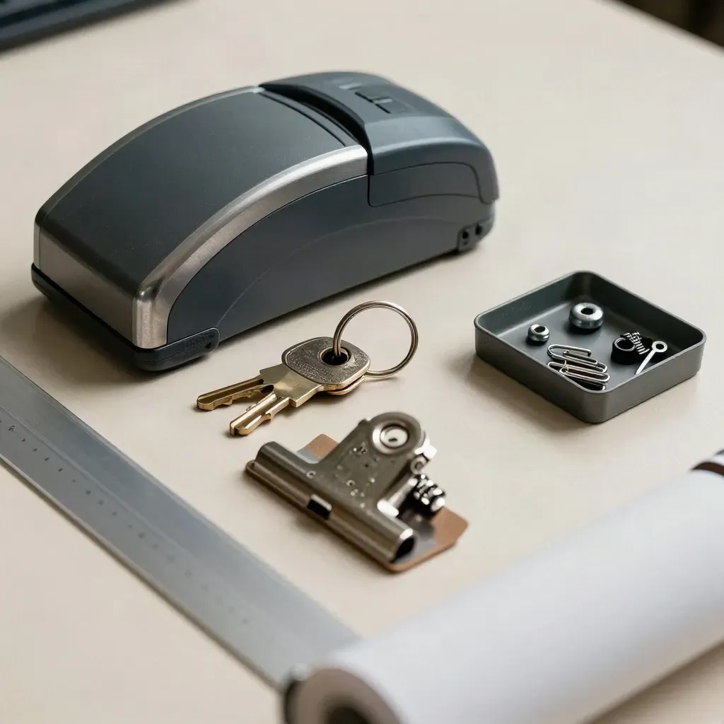 Receipt scanner dock, keys, clamp and parts tray on pale laminate, top-down closeup.
