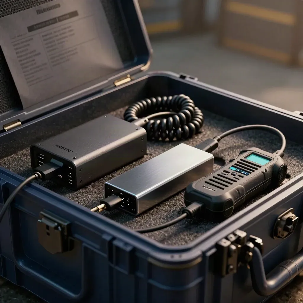 Macro still life of power brick, headset coil, charging dock, and radio charger inside a navy equipment crate.