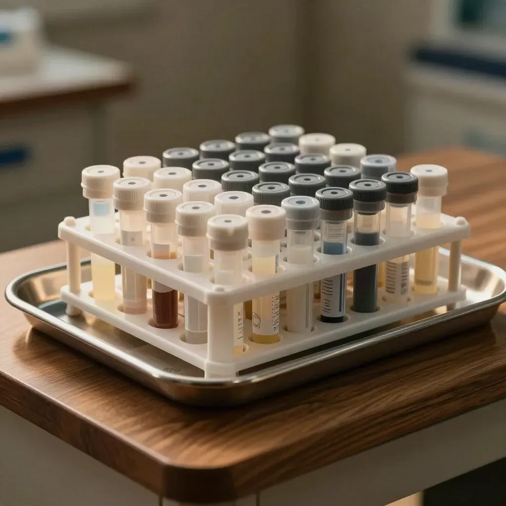 Specimen racks, vial caps, and a stainless tray on a walnut lab surface