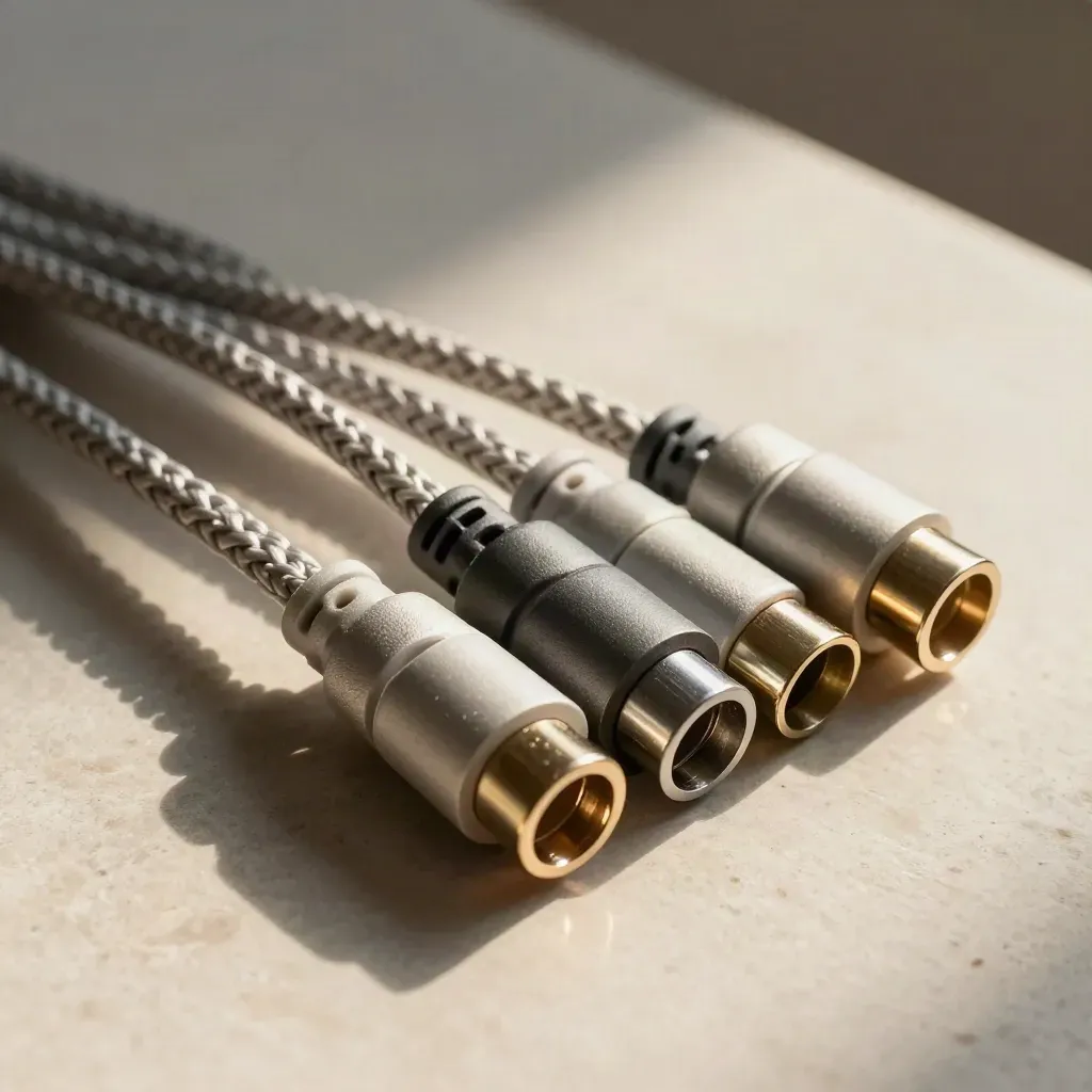 Linked metal rings, braided cable and connector blocks on brushed stone under dramatic light