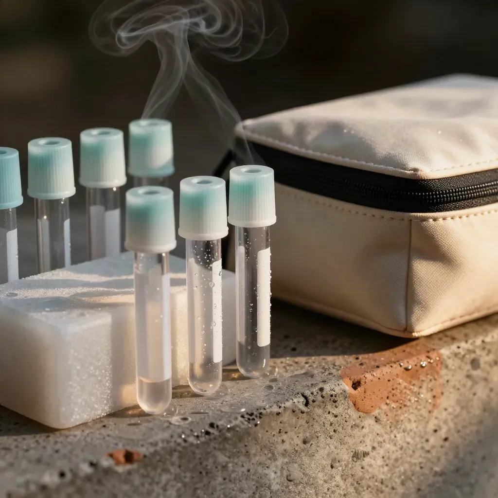 Sealed sample tubes beside a chilled block and insulated pouch in dark bokeh with cool vapour.