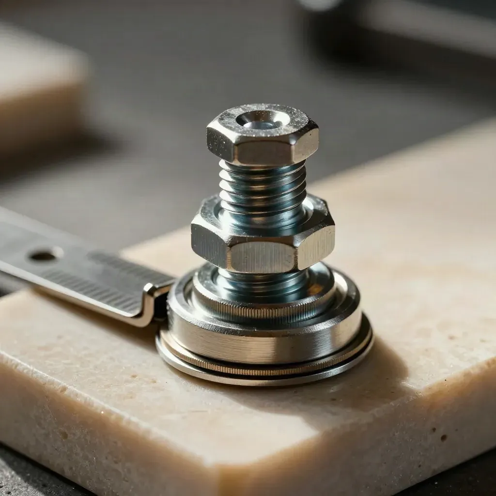 Macro stack of machined brackets, hex fasteners, and a folded steel clip on a stone tray.