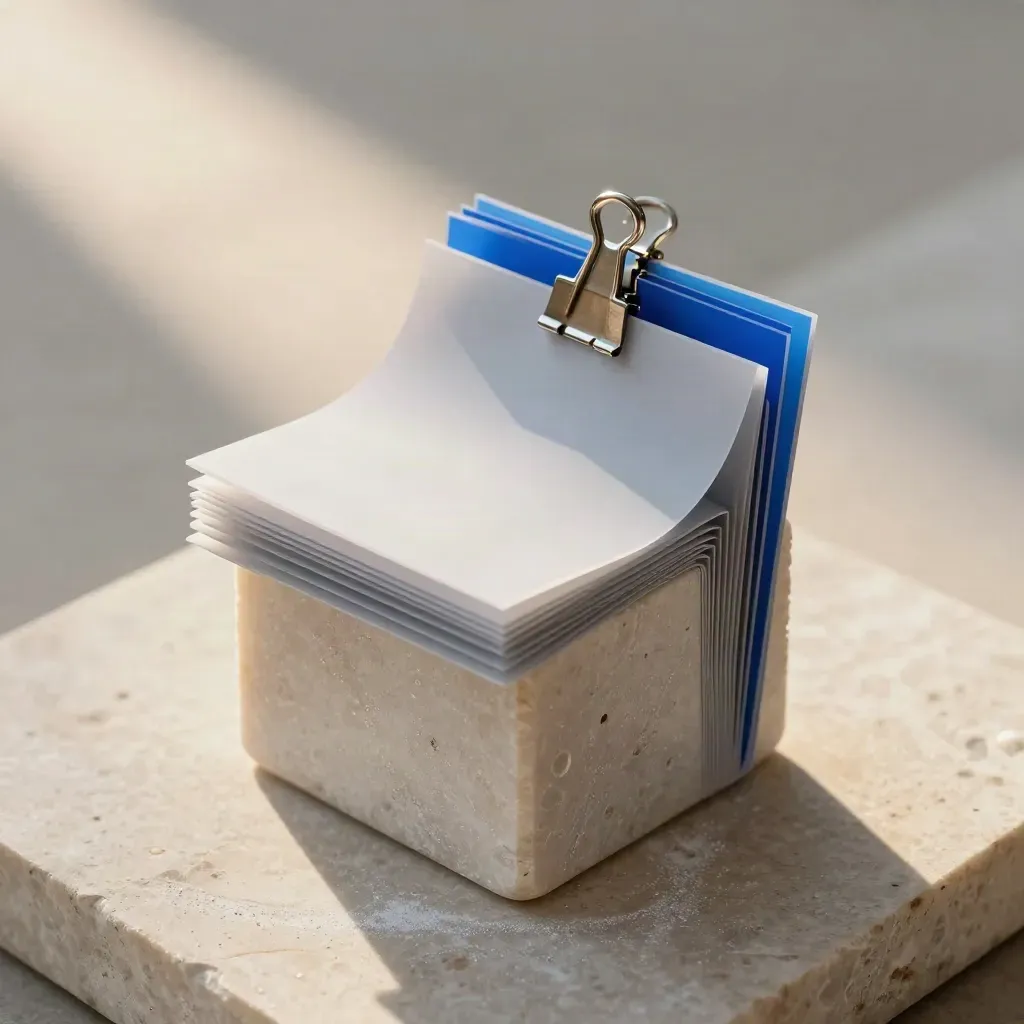 Frosted acrylic sheets, a limestone cube, and a steel clip on pale stone with blue glint.
