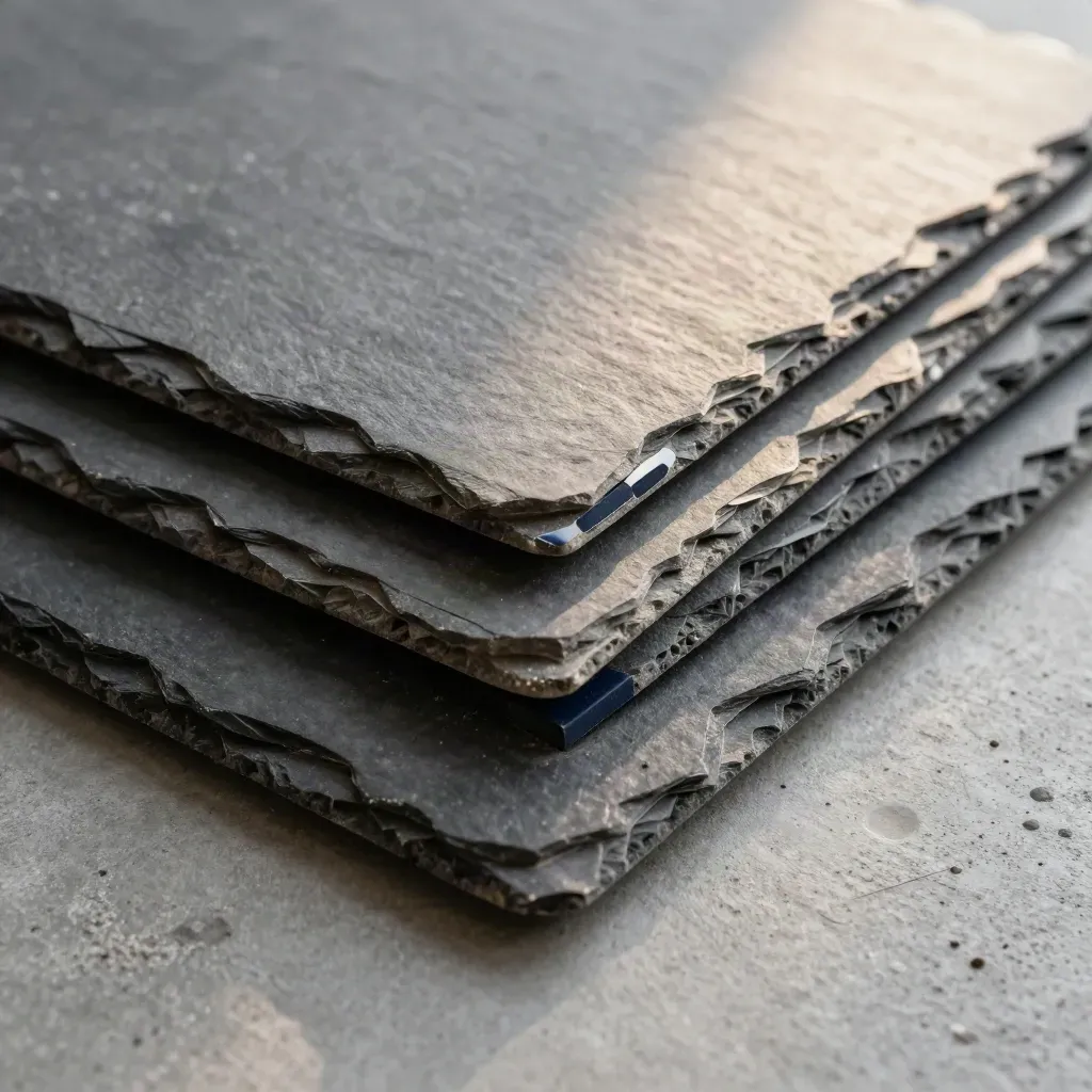 Slate tiles in a grid with a navy marker chip sliding into place on concrete.
