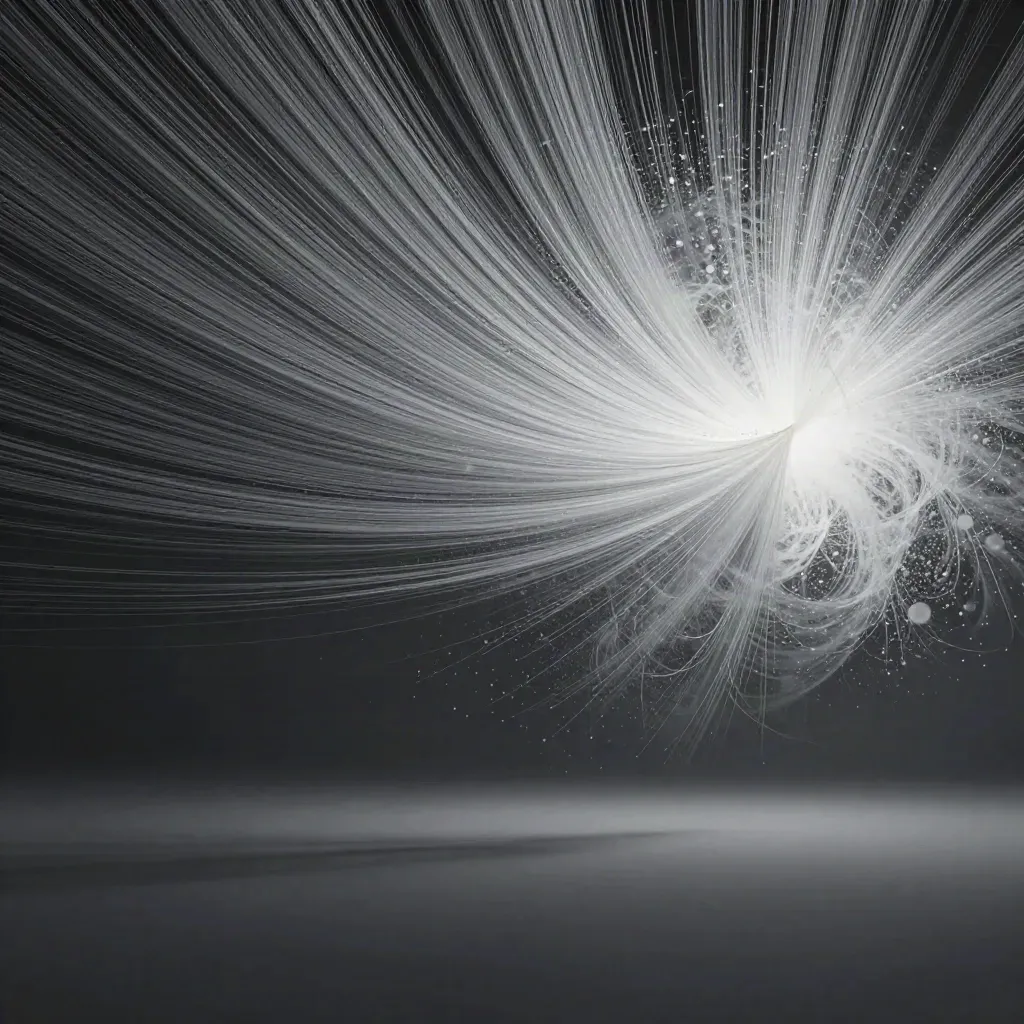 Silver filaments converge into a soft white bloom in deep graphite haze, with calm copy space below.